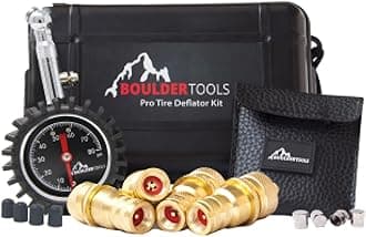 Boulder Tools Heavy Duty Rapid Tire Deflator & Molle Pouch - Precision Release Button Air Down Offroad Kit - Glows in Dark, Bonus: Valve Caps, Cores, Repair Tool | Quickly Deflate 4x4 Off Road Tires