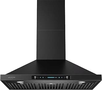 IKTCH 36 inch Black Wall Mount Range Hood, 900 CFM Ducted/Ductless Stainless Steel Vent Hood with Gesture Sensing & Touch Control Switch Panel, 2 Pcs Adjustable Lights