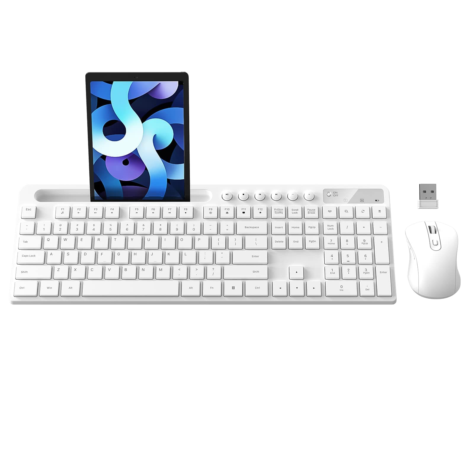 MARVO Wireless Keyboard and Mouse Combo, 2.4G Ergonomic Wireless Computer Keyboard with Phone Tablet Holder, Silent Mouse with 6 Button, Compatible with MacBook, Windows (White)