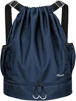 RYACO Drawstring Backpack Sports Gym Bag, Water Resistant String Sackpack Large Size with Zipper and Water Bottle Mesh Pockets for Gym Shopping Sport Yoga School Swimming Beach