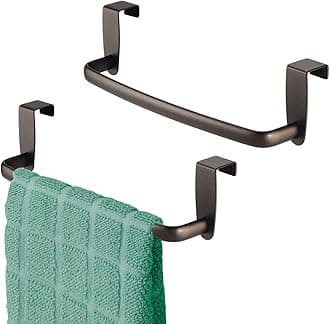 mDesign Steel Metal Wire Over Cabinet Towel Rack Storage Organizer - Hang on Cabinet or Door - Towel Bar Holder for Kitchen - Holds Hand Towels, Washcloths - Spira Collection, 2 Pack, Bronze