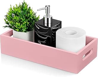 ALELION Pink Bathroom Basket - Wooden Toilet Tank Paper Basket with Handle for Organizing - Back of Toilet Storage Organizer for Bathroom Tank Topper Counter - Pink Bathroom Decor Accessories