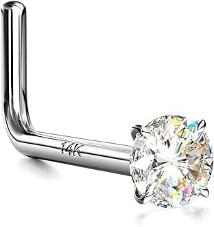 14K Real Gold Nose Studs, 18G 20G Solid Gold L Shaped Nose Rings, Simulated Diamond CZ Hypoallergenic Nose Piercings for Women Men 1.5 2 3MM