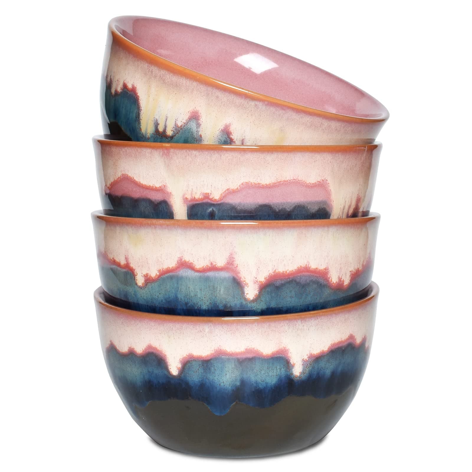 Stoneware Cereal Bowls Set of 4, 26 Oz, Pink Soup Bowls for Oatmeal, Salad, Dishwasher and Microwave Safe, Reactive Glaze (26 Oz, Pink)