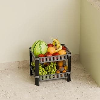 Multipurpose Plastic Kitchen Rack with Baskets | Vegetable & Fruit Storage Stand | Strong & Durable Organizer for Kitchen, Bathroom & Utility (2 Layer, Silver)