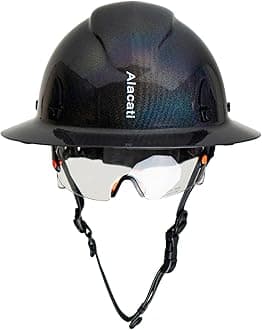 Carbon Fiber Hard Hat Full Brim with Goggles- Safety Helmet with 6-Point Adjustable Ratchet Suspension- ANSI Z89.1 Compliant