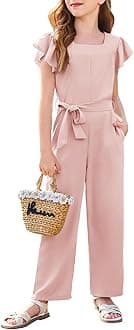 HaloumoningGirls Jumpsuit Kids Fashion Square Neck Ruffle Sleeve Belted Wide Leg Romper with Pockets