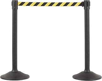 US Weight Black Plastic Stanchion for Crowd Control with 6.5' Retractable Chevron Barrier Belt with Tool-Free Assembly and UNIVERSAL BELT ENDS that Fit Most Brands - Pack of 2 - Made in the USA