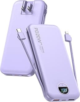 Portable Charger, 10000mAh PD20W USB C Fast Charging Power Bank with Built-in Cables and AC Wall Plug, Smart LED Display Travel Essentials Battery Pack Compatible with iPhone, iPad, Samsung etc Purple