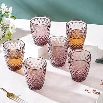 Nestasia Juice Glass Set of 6 (250ml) - Mauve Crystal Drinking Water Glasses with Diamond Texture, Transparent Glass Tumblers for Cold Drinks, Mocktails & Daily Use