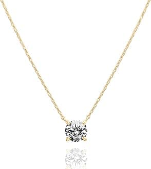 14K Gold Plated Crystal Solitaire 1.5 Carat (7.3mm) CZ Dainty Choker Necklace | Gold Necklaces for Women
