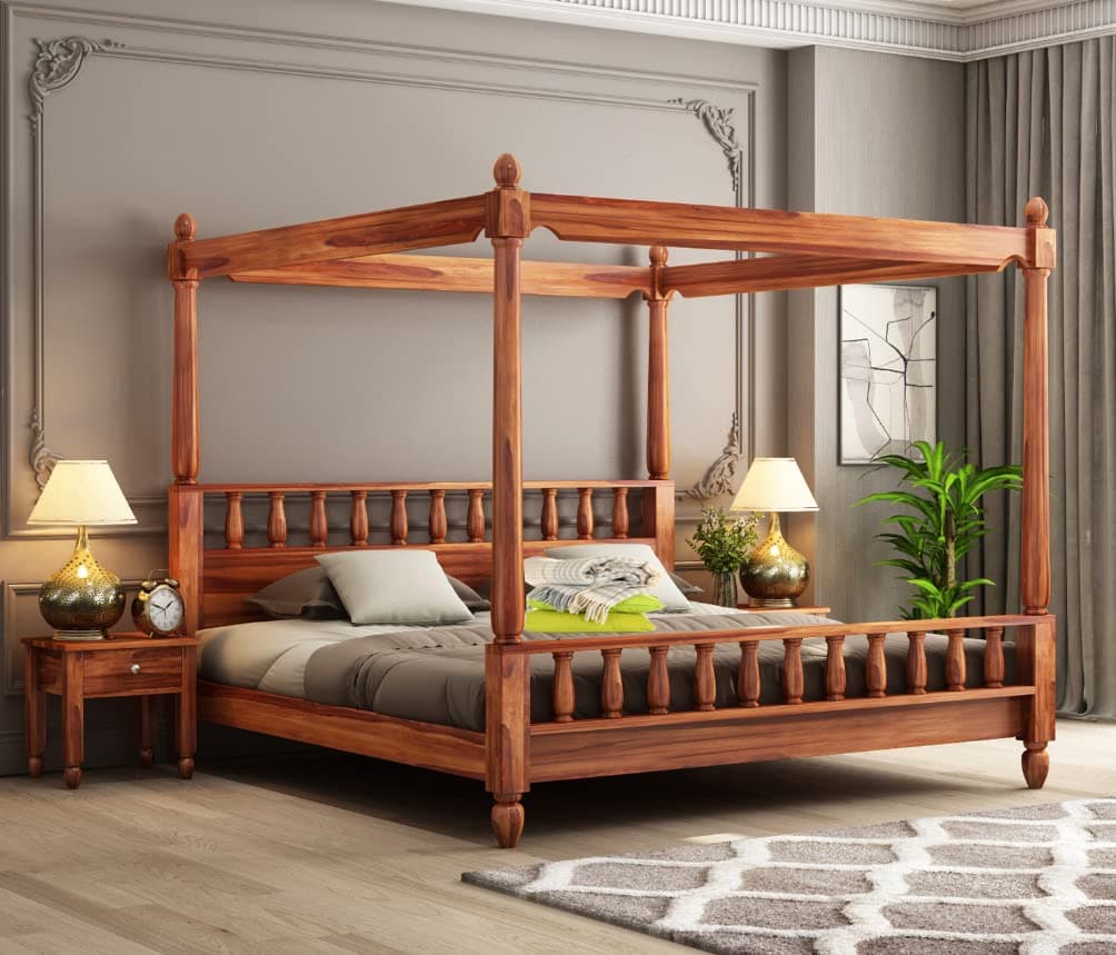 Sheesham Solid Wood Poster Bed Without Storage King Size Bed for Beautiful Bedroom Honey Finish (King Size 2.08L x 1.93W x 1.90H Meters)