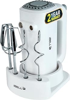iBELL WHISK350 Electric Hand Mixer - 350W with 5 Speed Control, Stainless Steel Beaters & Dough Hooks for Baking, Whipping & Mixing (White)