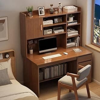 LITFAD Modern Computer Desk Work from Home Desk with Hutch, Bookcase and Integrated Cable Management, Rectangular Wood Office Desk 3 Drawers, 39.4" L x 17.7" W x 64.2" H, Dark Walnut