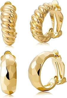 AllenCOCOClip on Earrings Women, 14K Gold Hoop Clip-On Earrings for Women, Hypoallergenic Non Pierced Croissant Earrings