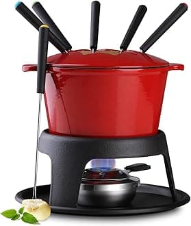 Cast Iron Cheese Fondue Pot for Chocolate Fondue Pot Swiss Fondue Set for Camping Outdoor with 6 Fondues Forks, 11-Piece Cheese Fondue Sets Serve 6 Persons (Red)