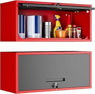 Yizosh Metal Wall Cabinet with Doors, Wall Mounted Storage Cabinet, Floating Tool Cabinet for Kitchen, Basement, Warehouse (Red Black, 13.7" H)