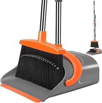 Ivandar Broom and Dustpan Set for Home, Broom and Dustpan Combo for Office, Long Handle Broom with Upright Standing Dust pan,Indoor&Outdoor Sweeping (Gray&Orange)