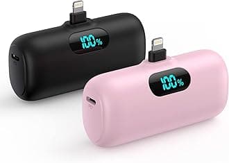 [2 Pack] Mini Portable Charger 5000mAh,Ultra-Compact 15W PD Fast Charging Power Bank,LCD Display Cute Battery Pack Backup Charger Compatible with iPhone 14/14 Pro Max/13 Pro/12/11/XR/8/7-Black+ Pink