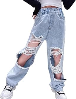 Kids Girls Elastic Waist Cool Ripped Jeans Washed Denim Wide Leg Ripped Denim Jean Age 5-15 Years