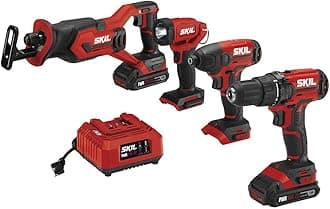SKIL 4-Tool Kit: 20V Cordless Drill Driver, Impact Driver, Reciprocating Saw and LED Spotlight, Includes Two 2.0Ah Lithium Batteries and One Charger - CB739601