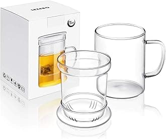 Lezero Glass Tea Infuser Cup with Infuser Basket and Lid for Steeping, Heat Resistance Borosilicate Glass Teacup for Loose Leaf Tea Brewing, Lead-free, Microwave & Dishwasher Safe, 14oz/400ml