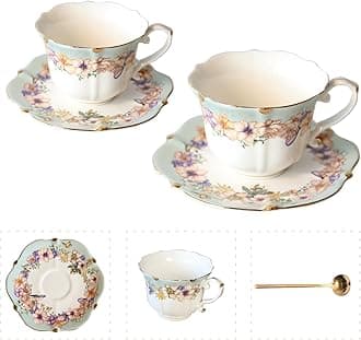 Vintage Floral Porcelain Tea Cup and Saucer Set with Spoon, Gold Trim, 6.4 oz – Set of 2, Teal – Tea & Espresso & Coffee Cups (2, Teal)