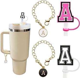 （2+2）2PCS Straw Cover for Stanley Cup 30&40 Oz 10mm Straw Topper with 2PCS Stanley Cup Accessories Letter Charms Name ID Initial Letter Handle Personalized Charm For Stanley Tumbler (Letter A)