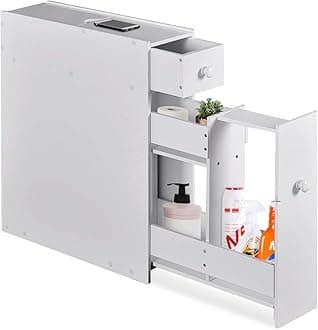 COSTWAY Bathroom Floor Cabinet, Slim Wooden Storage Cupboard with Slide Out Drawers, Home Living Room Hallway Narrow Toilet Paper Organiser Unit (White)