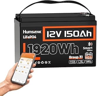 HumsiENK 12V 150Ah LiFePO4 Lithium Battery BCI Group31 Bluetooth- Built-in 110A BMS, Deep Cycle Battery for Solar, RV, Marine, Off-Grid Applications - 15000+ Life Cycles, Safe & Lightweight