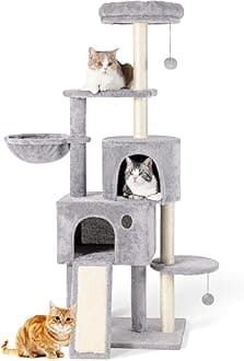 59" Large Cat Tree Tower for Indoor Cats Soft Plush Multi-Level Cat Condo House with Hammock, 2 Cat Cave, Scratching Post, Sisal Staircase, Light Grey