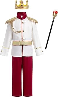 FYMNSI Prince Charming Costume for Kids Boys Halloween Carnival Cosplay Party Fancy Dress Up Tunic Top Pants Crown Scepter Set
