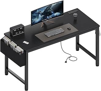 Lufeiya Gaming Desk with Power Outlet, 47 inch Teen Study Table Home Office Work Writing Computer Desks with Charging Station Outlets Built in, Black