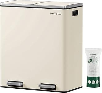 SONGMICS Dual Trash Can, 16 Gal (60L) Rubbish Bin and 15 Trash Bags, Metal Step Bin, with Dual Compartments, Plastic Inner Buckets and Hinged Lids, Airtight, Cloud White ULTB201A01