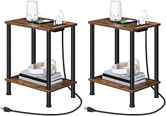 HOOBRO Side Table with Charging Station, Set of 2 End Tables with USB Port and Outlets, Nightstand with 2-Layer Storage Shelves for Small Spaces, Living Room, Bedroom, Rustic Brown BF09UBZP201
