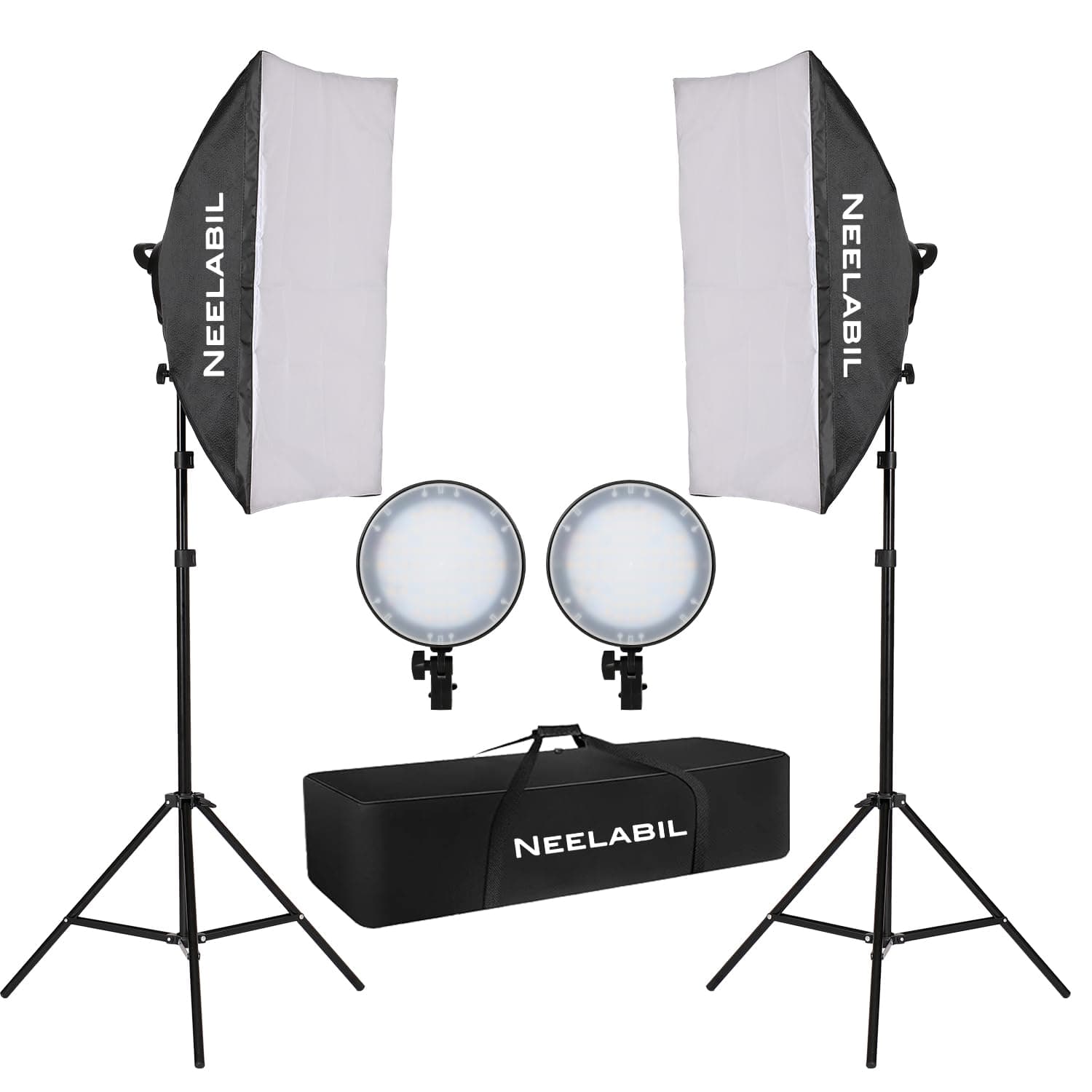 Professinal Continuous Output Lighting,Studio Photography Softbox LED Light Kit Including 50 * 70cm Softboxes 48W Bi-color Temperature 3200K-6400K LED lights 2 Meters Light Stands Carry Bag