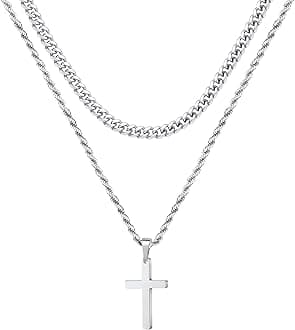 Layered Cross Necklaces for Men - 18K Gold Plated Cross Necklaces Chain for Men Boys Gifts, Silver Rope Chain Layered Necklace Jewelry 16 18 20 22 24 Inch