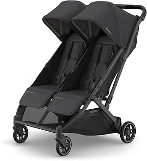 Minu Duo Side-by-Side Double Stroller - Lightweight + Compact Design for Travel - Easy Fold- from Birth to Toddler - Independent Recline - Jake (Charcoal/Carbon Frame/Black Leather)