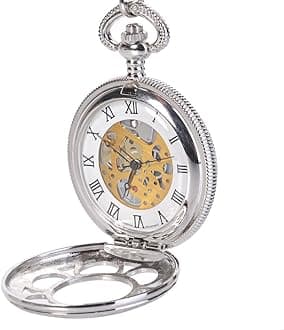 Antique Hunter Quartz Roman Numerals Pocket Watch for Men with Chain Silver