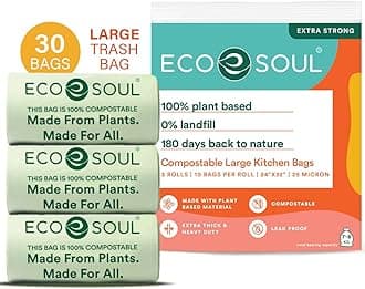 ECO SOUL [24 inch x 32 inch, 30 Pack] Large Compostable Trash Bags Eco-friendly Biodegradable Bags for Garbage Bins Heavy Duty & Leak-Resistant Home, Office & Kitchen Use (71 x 81 cm)