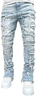 Stacked Jeans Men Skinny Ripped Jeans Slim Fit Patchwork Denim Pants Y2K Goth Harajuku Emo Hip Hop Jeans Trouser