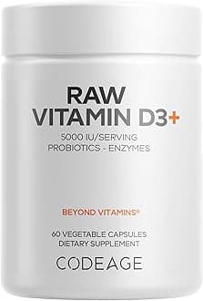 Raw Vitamin D3+ High Potency 5000 IU Supplement from Saccharomyces Cerevisiae - Raw Vitamin, Probiotics, Digestive Enzymes, Fruits & Greens - 2-Month Supply - 60 Capsules