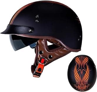 Vintage German Style Half Face Skull Cap Helmets Half Face Motorcycle Helmet Open-Face Motorbike Helmets with Drop-Down Sun Visor for Adult, Men and Women DOT/ECE Certified