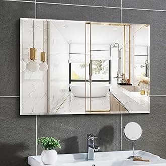 Wall Glass Mirror, Rectangle Bathroom Self Adhesive Mirror, 80 * 100CM Make Up Rectangular Mirror for Home Living Room Bedroom, Frameless Modern Vanity Mirror for Wall Tiles Decoration Hanging