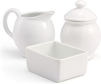 KooK Sugar and Creamer Set, 3 Piece, Pitcher, Sugar Bowl with Lid and Spoon, Sweetener Holder (White (Vintage Design))