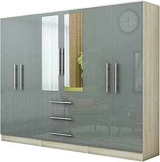 Gloss Grey Large Wardrobe - 6 Door 3 Drawers & Long Mirror