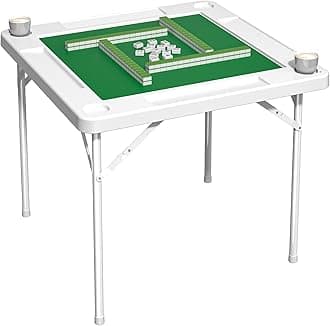Mahjong Table, 35.4" Square Folding Card Table with Green Felt, Chip Trays, 4 Cup Holders, Multi-Game, Domino and Poker Tables for 4 Players, Portable Foldable Tables for Jigsaw Puzzles