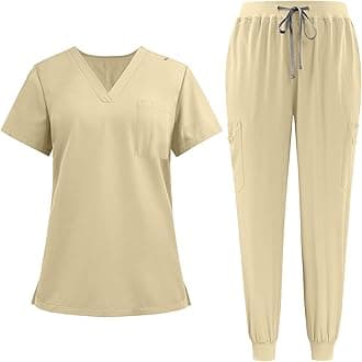 Scrubs Uniforms Women Set, Female Medical Uniforms & Scrubs Durable Short Sleeve V Neck Tunic Top and Pants with Pockets, Beauty Tunics for Women UK Nursing Workwear Suits for Beauty Center