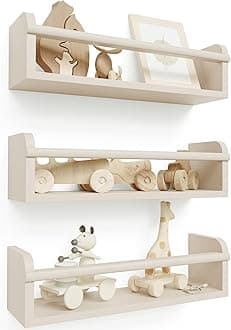 Decorative Nursery Bookshelves for Kids - Set of 3 Easy to Install Floating Shelves for Wall Mount - Beautiful Hanging Organizer Furniture for Your Baby Boy or Girl's Bedroom and Play Room Decor