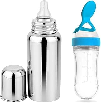 Baby Premium Steel Bottle For Milk Feeding & Blue Silicone Squeezy Spoon Bottle For Food Feeder Bpa Free, 304 Grade Soft Silicone Pacifier For Infants Newborns Of 0-2 Yrs (Pack Of-2), 240 Ml